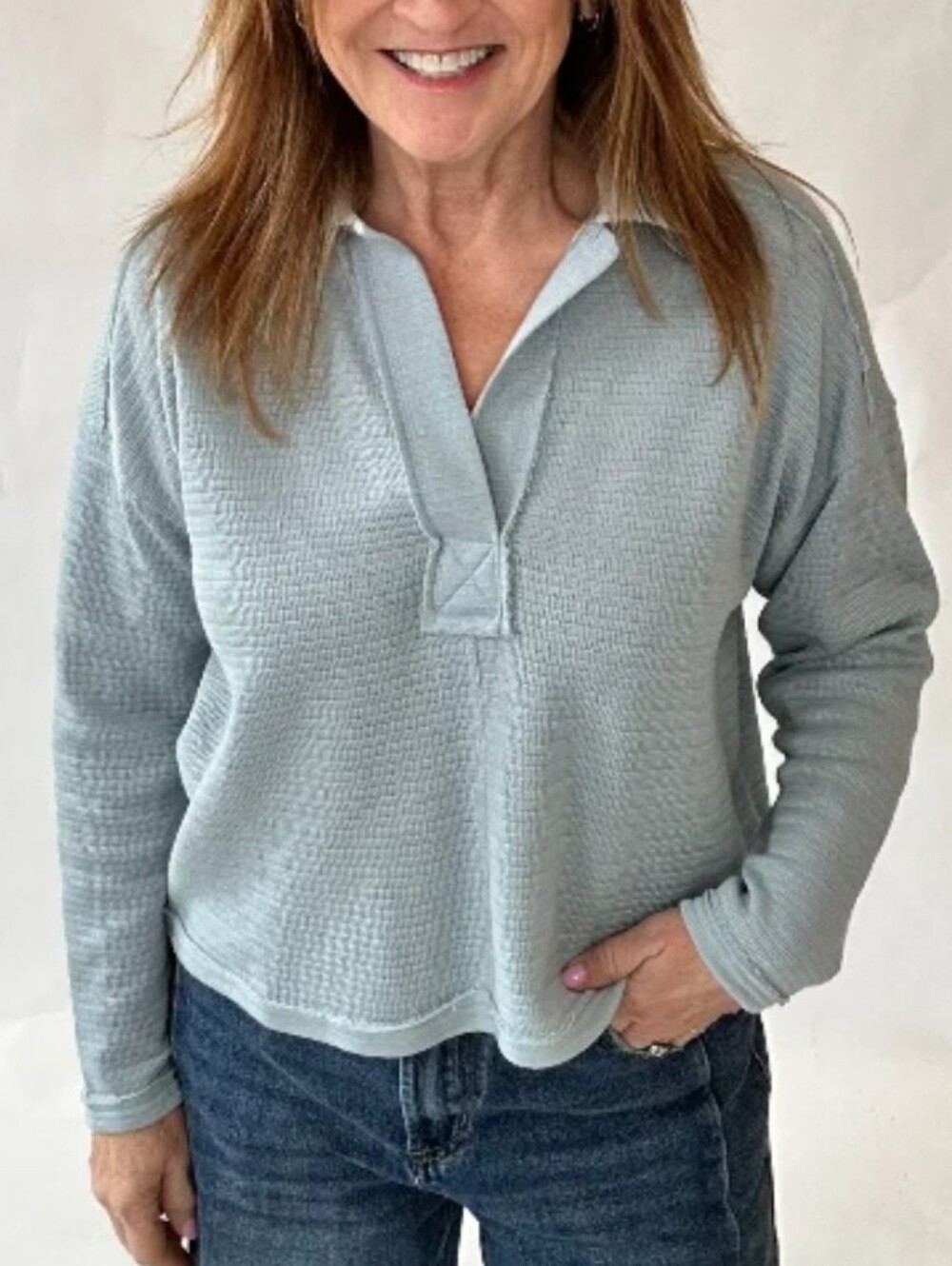 Eddie Bauer Pale Blue Waffle Knit Polo Sweatshirt